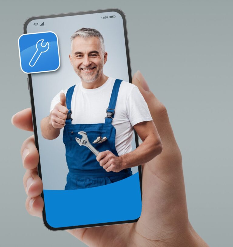 Professional,Plumber,And,Repairman,On,Smartphone,Screen:,Hire,Contractors,Online