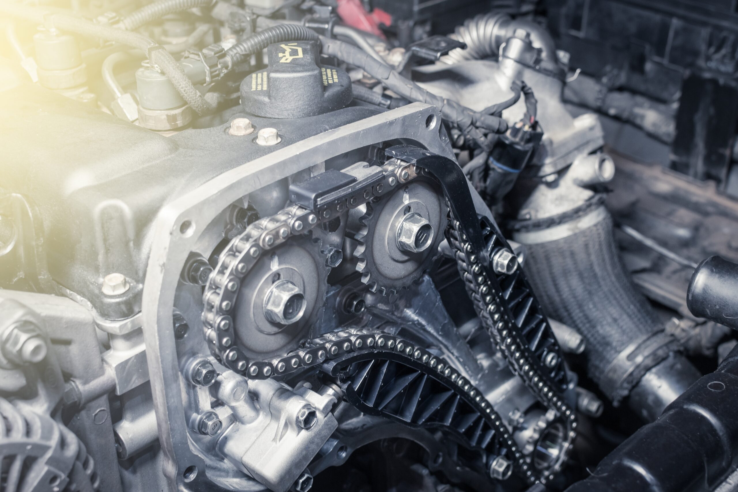 New,Car,Timing,Chain,On,A,Diesel,Old,Engine,In Cambelt Replacement On Engine