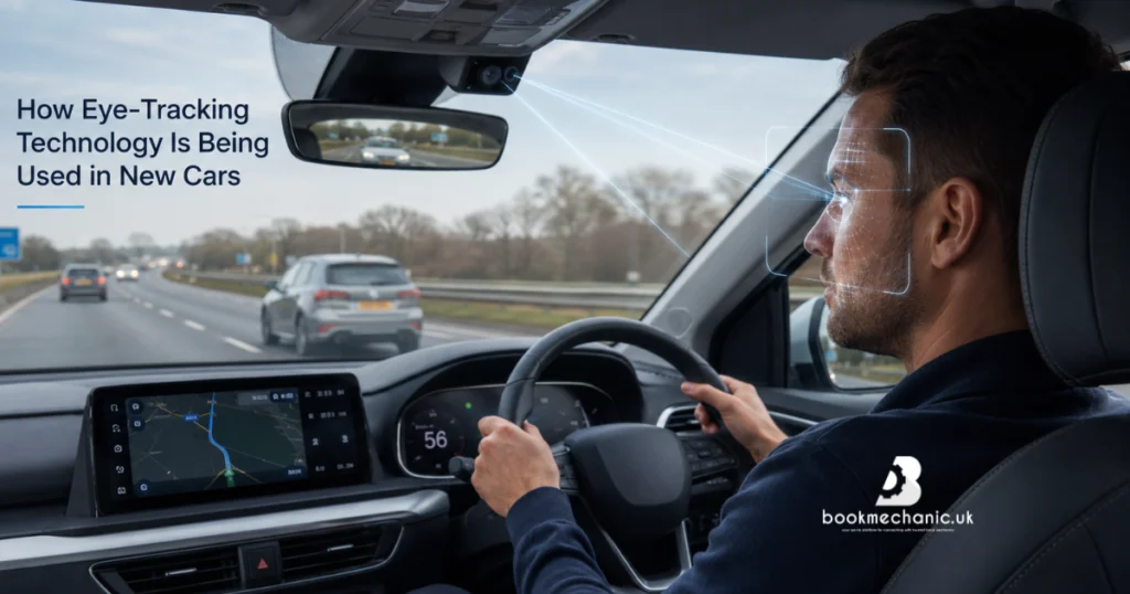 Driver using a modern car fitted with eye-tracking technology in new cars